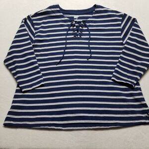 Lands End 1X Top Henley Lace Up Blue White Stripe Heavy Cotton Nautical Costal